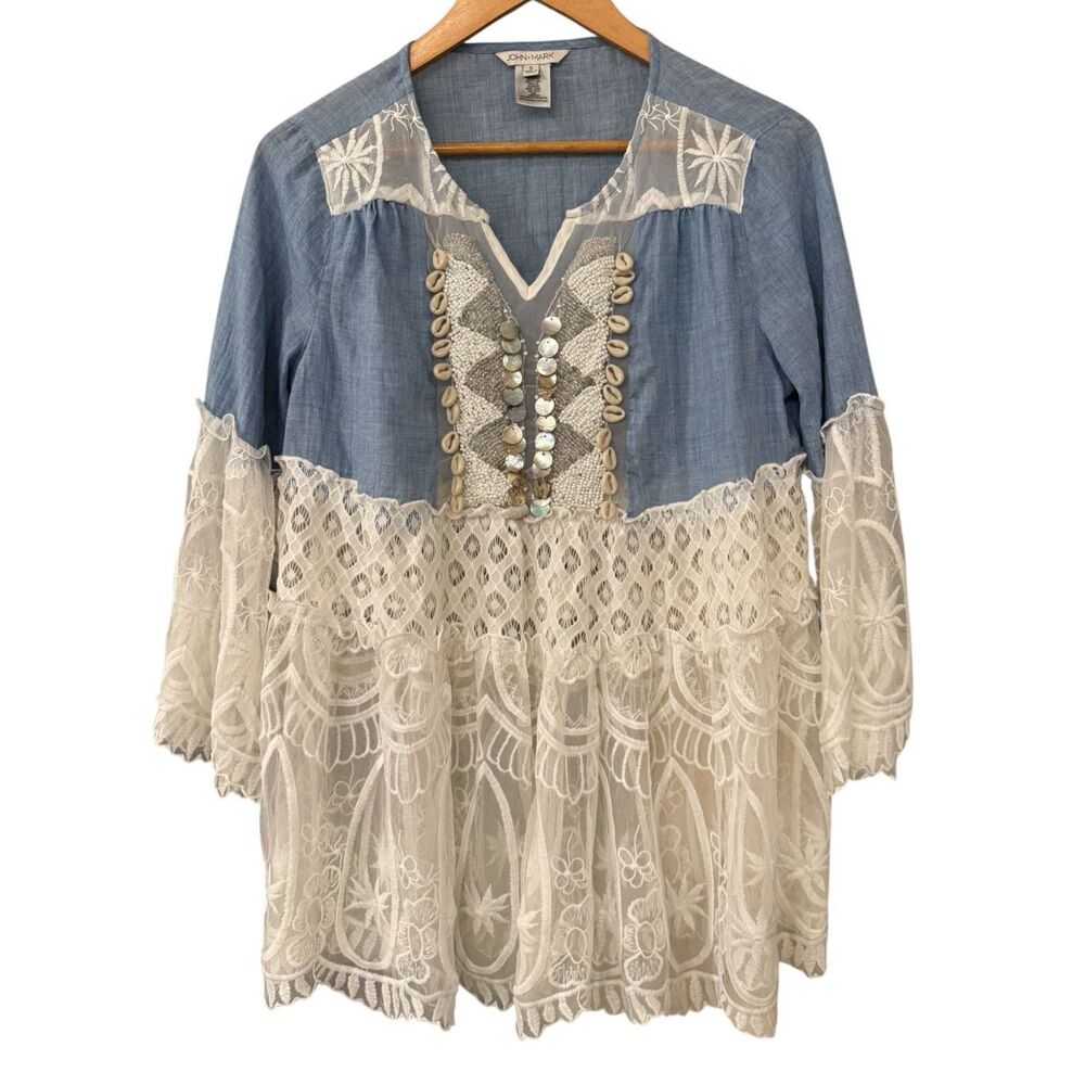 John Mark Women's Chambray Lace Beaded Seashells Tunic Top Blue White Size Small